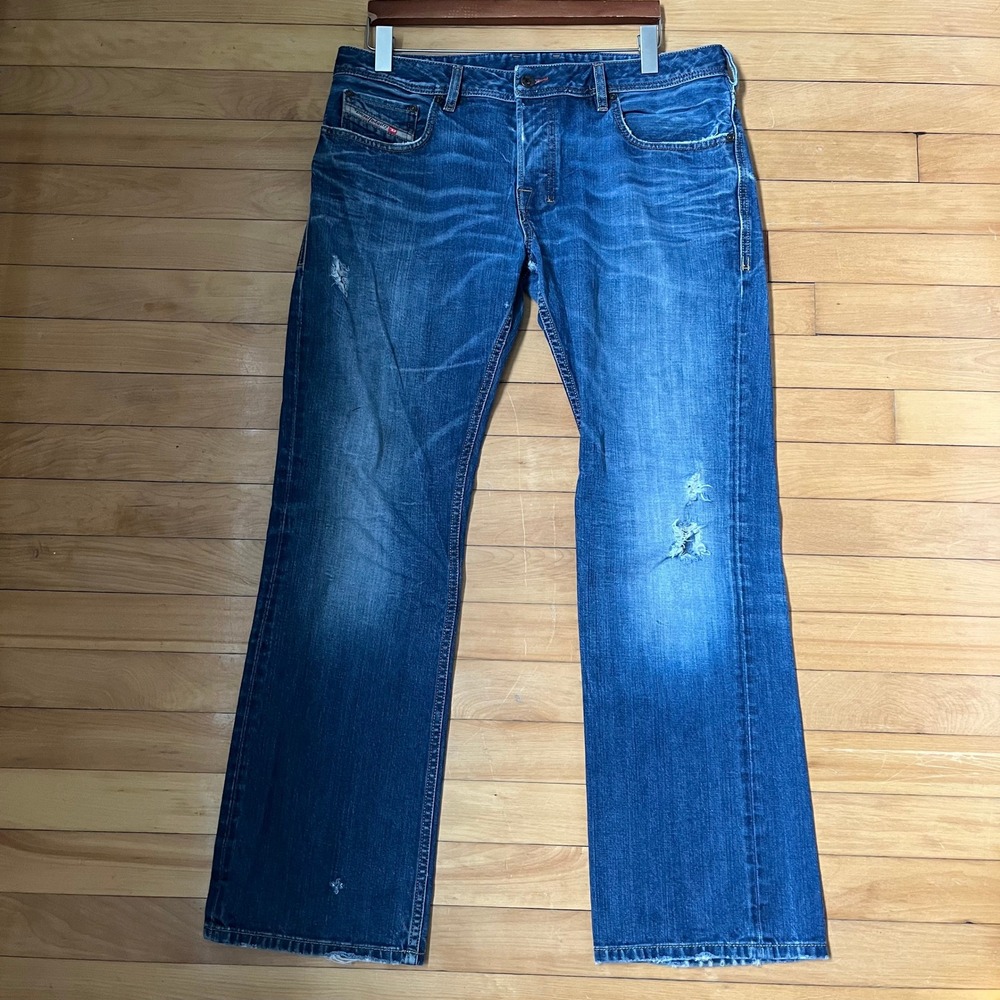 Diesel Industry Mens Distressed Straight Leg Blue Denim Jeans Button Fly 36x32